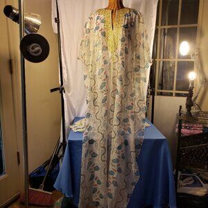 Beaded White Silk Chiffon Caftan, One Size, White/Blue/Gold